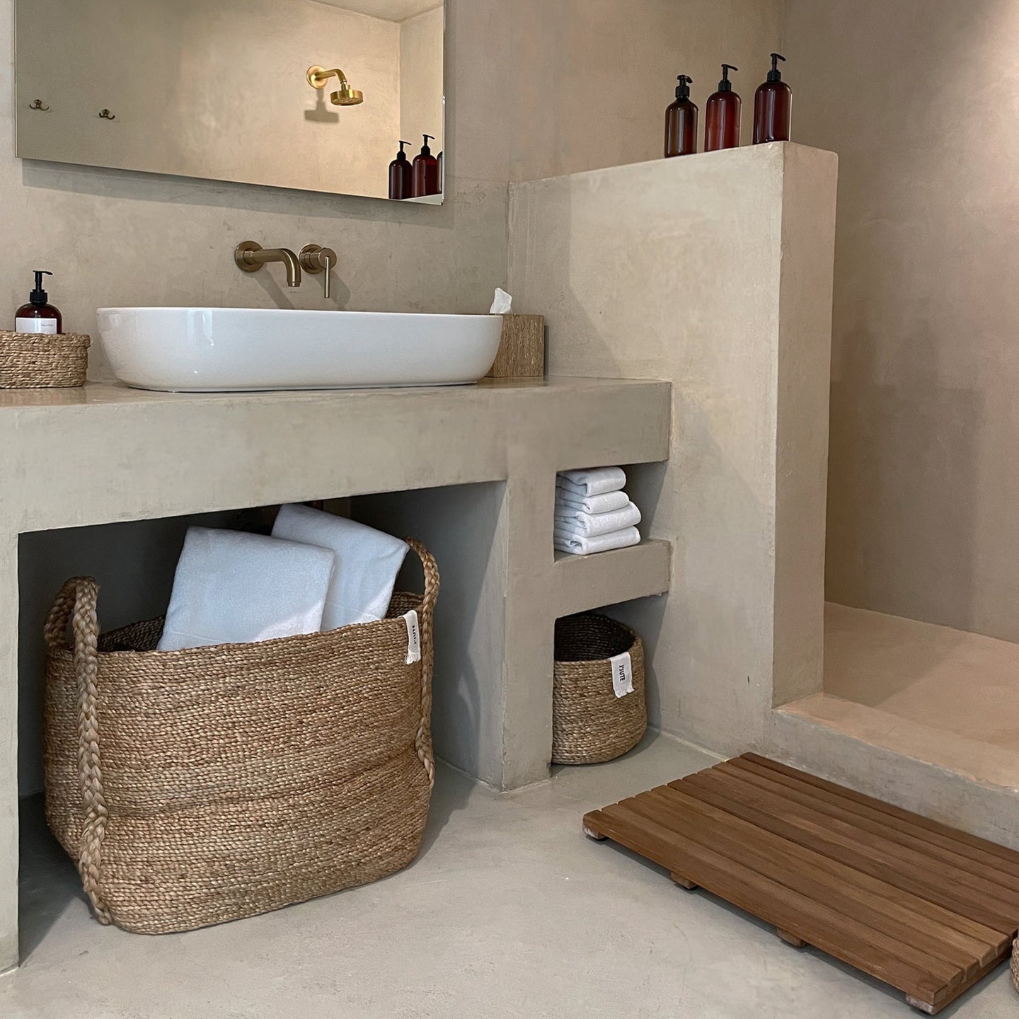 Joshua Tree Bathroom Baskets Maya Large Basket, Edition Round Basket and Newport Tray Basket